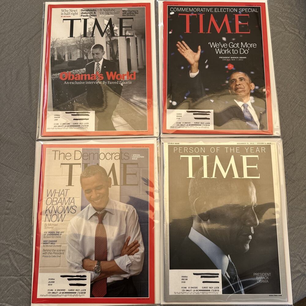 Lot Of 4 - Time Magazines BARACK OBAMA 2012 - 2013 Issues In Mag Sleeves/Boards
